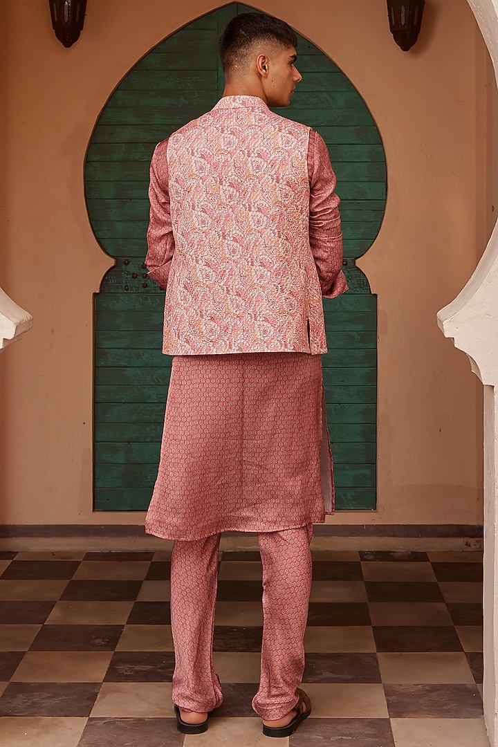 Pink Modal Satin Printed Bundi Jacket by Nidhika Shekhar Men at Pernia's Pop Up Shop