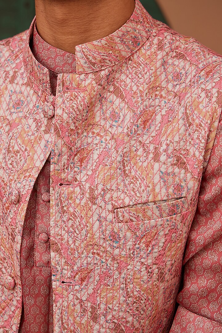 Pink Modal Satin Printed Bundi Jacket by Nidhika Shekhar Men at Pernia's Pop Up Shop