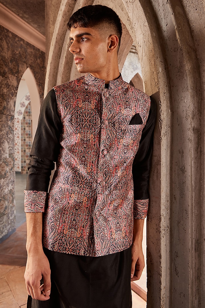 Multi-Colored Silk Printed Bundi Jacket by Nidhika Shekhar Men