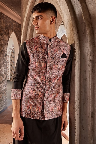 Multi-Colored Silk Printed Bundi Jacket by Nidhika Shekhar Men