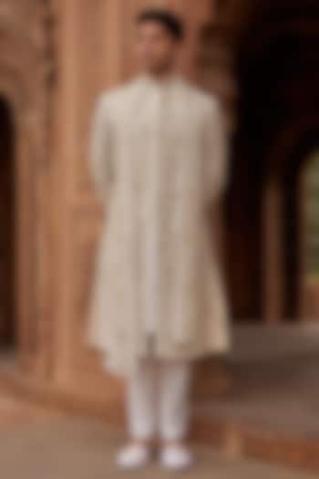 Ivory Cotton Silk & Silk Machine Embroidered Sherwani Set by Nidhika Shekhar Men