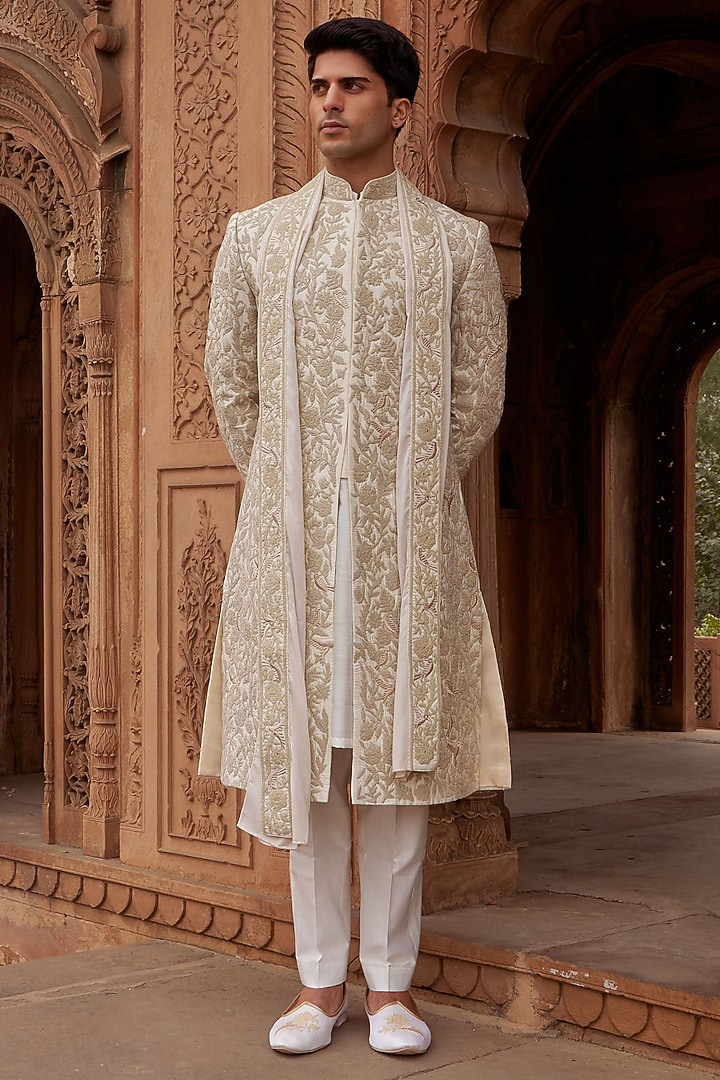 Ivory Cotton Silk & Silk Machine Embroidered Sherwani Set by Nidhika Shekhar Men
