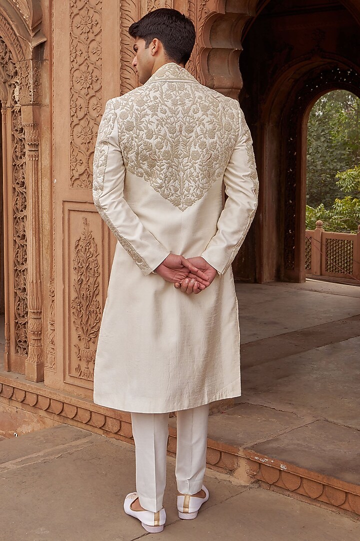 Ivory Cotton Silk & Silk Machine Embroidered Groom Sherwani Set by Nidhika Shekhar Men at Pernia's Pop Up Shop