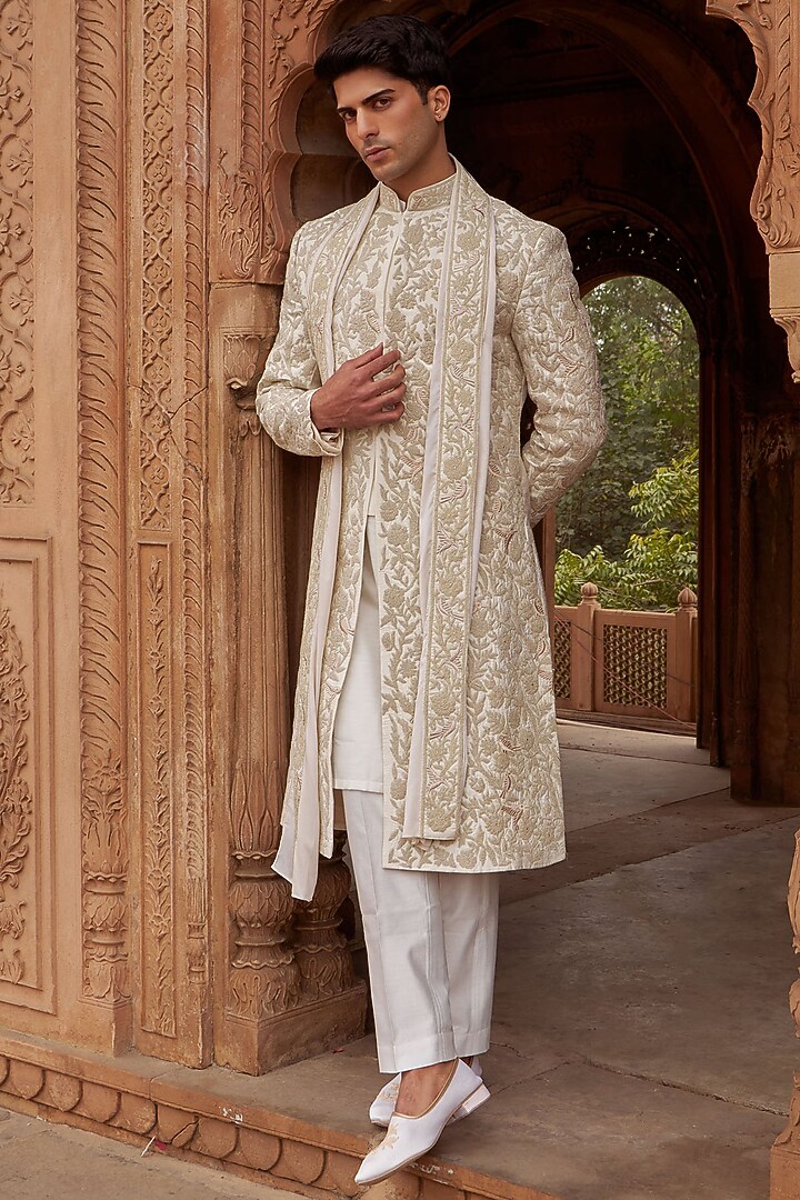 Ivory Cotton Silk & Silk Machine Embroidered Groom Sherwani Set by Nidhika Shekhar Men at Pernia's Pop Up Shop