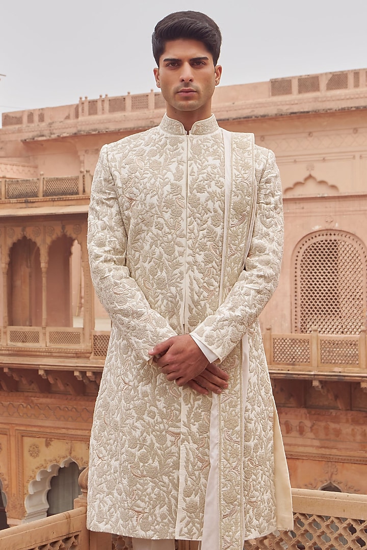 Ivory Cotton Silk & Silk Machine Embroidered Groom Sherwani Set by Nidhika Shekhar Men at Pernia's Pop Up Shop