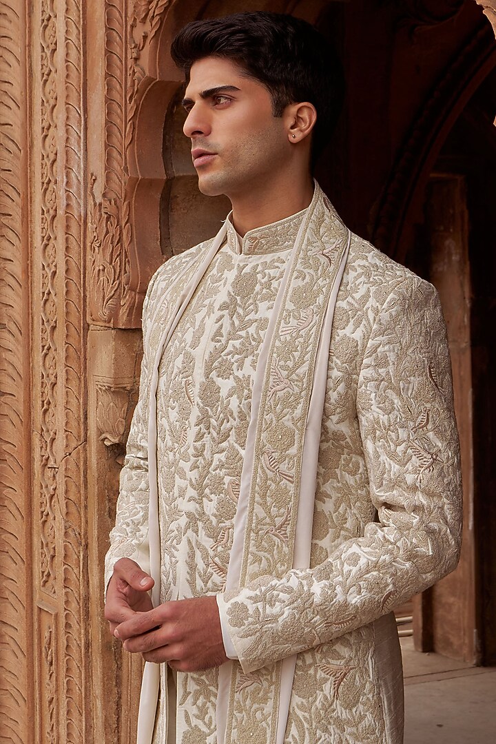 Ivory Cotton Silk & Silk Machine Embroidered Groom Sherwani Set by Nidhika Shekhar Men at Pernia's Pop Up Shop