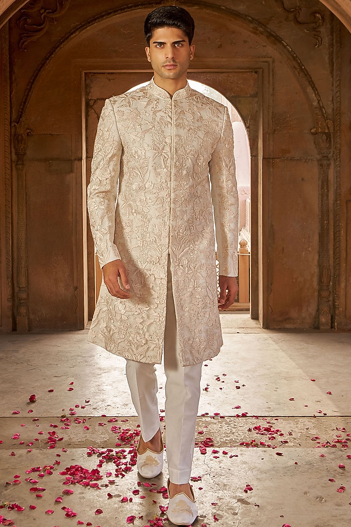 Ivory Silk & Organza Machine Embroidered Sherwani Set by Nidhika Shekhar Men