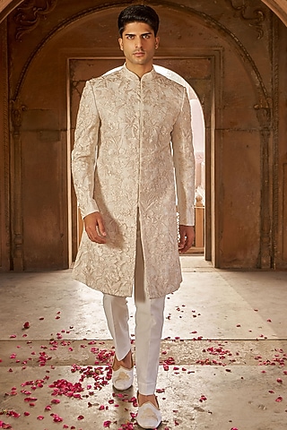 Ivory Silk & Organza Machine Embroidered Sherwani Set by Nidhika Shekhar Men