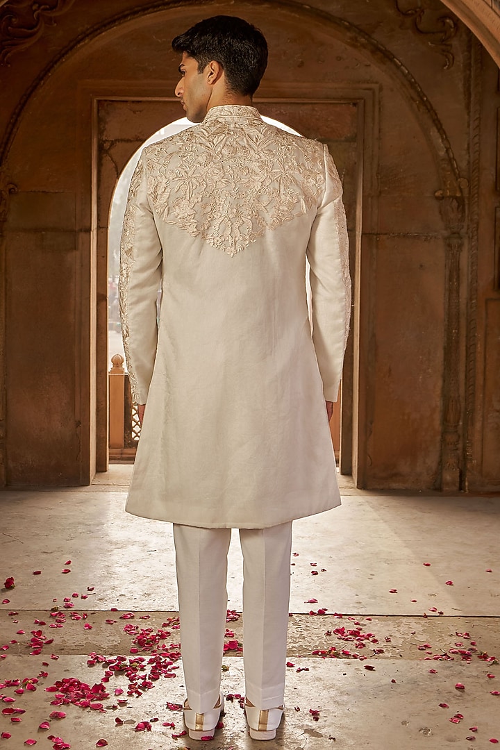 Ivory Silk & Organza Machine Embroidered Wedding Sherwani Set by Nidhika Shekhar Men at Pernia's Pop Up Shop
