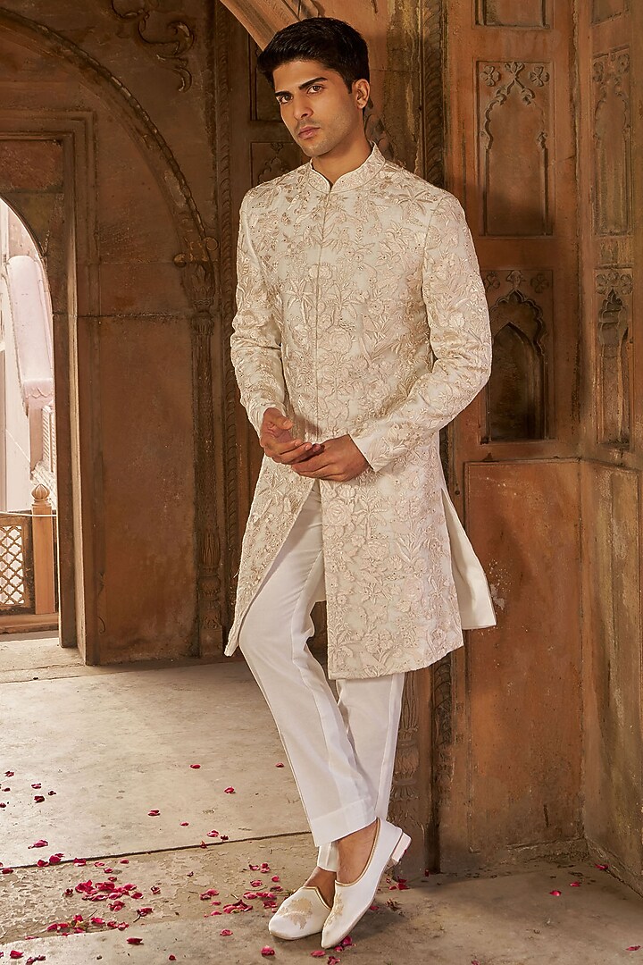 Ivory Silk & Organza Machine Embroidered Wedding Sherwani Set by Nidhika Shekhar Men at Pernia's Pop Up Shop