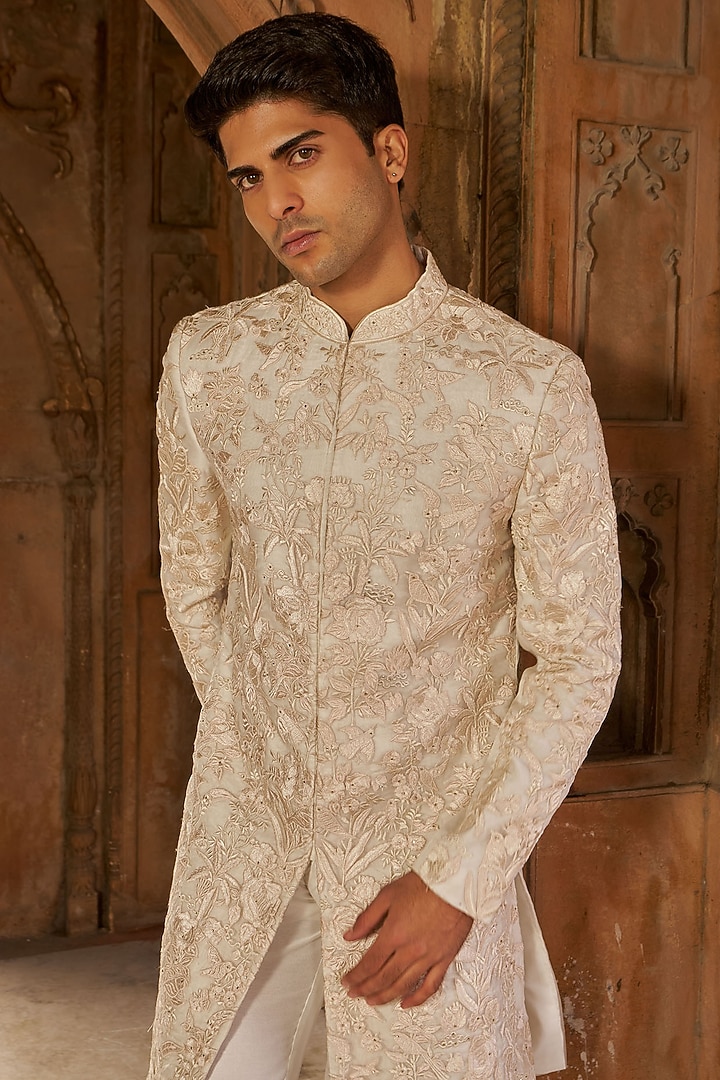 Ivory Silk & Organza Machine Embroidered Wedding Sherwani Set by Nidhika Shekhar Men at Pernia's Pop Up Shop