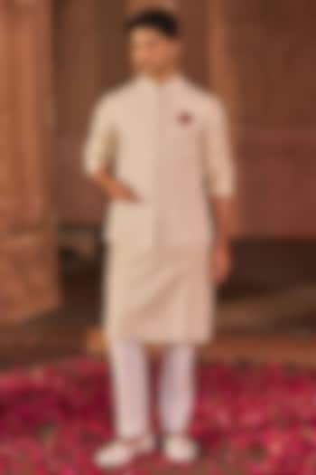 Ivory Chanderi & Cotton Silk Machine Embroidered Bundi Jacket Set by Nidhika Shekhar Men