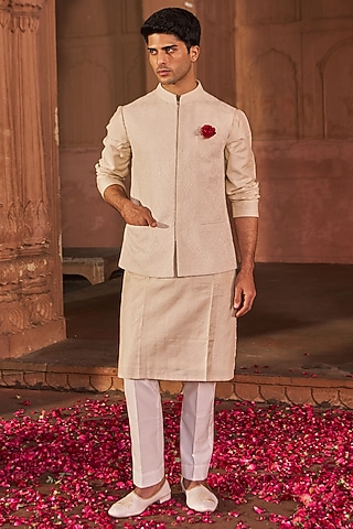 Ivory Chanderi & Cotton Silk Machine Embroidered Bundi Jacket Set by Nidhika Shekhar Men