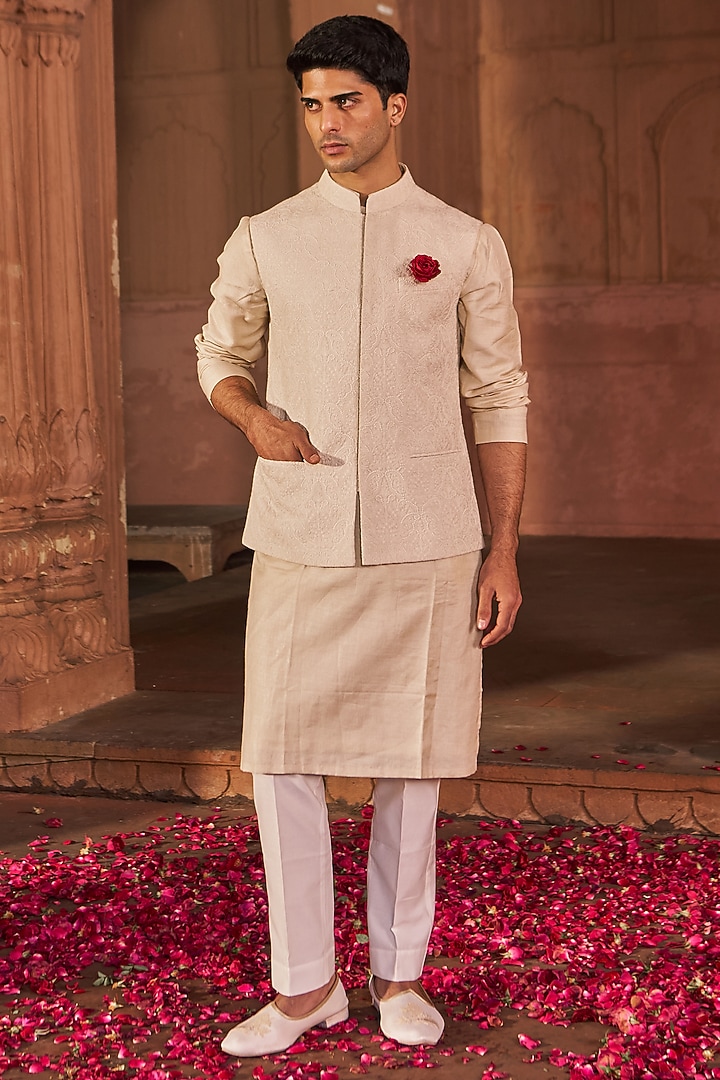 Ivory Chanderi & Cotton Silk Machine Embroidered Bundi Jacket by Nidhika Shekhar Men