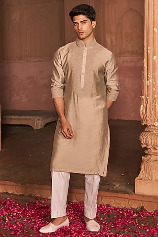Sage Green Cotton Silk Dori Work Kurta Set by Nidhika Shekhar Men