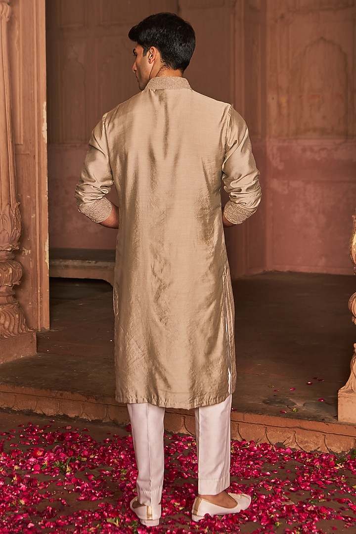 Sage Green Cotton Silk Dori Work Kurta Set by Nidhika Shekhar Men at Pernia's Pop Up Shop
