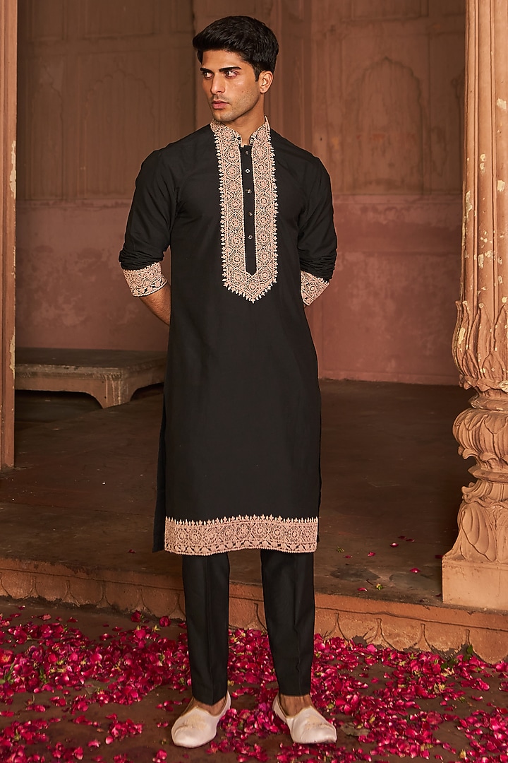 Black Chanderi & Cotton Silk Embellished Kurta Set by Nidhika Shekhar Men