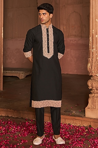 Black Chanderi & Cotton Silk Embellished Kurta Set by Nidhika Shekhar Men