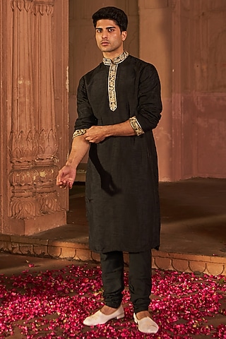 Black Cotton Silk Hand Embroidered Kurta Set by Nidhika Shekhar Men