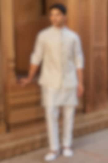 Ivory Cotton Silk & Silk Bundi Jacket Set by Nidhika Shekhar Men