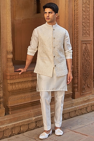 Ivory Cotton Silk & Silk Bundi Jacket Set by Nidhika Shekhar Men
