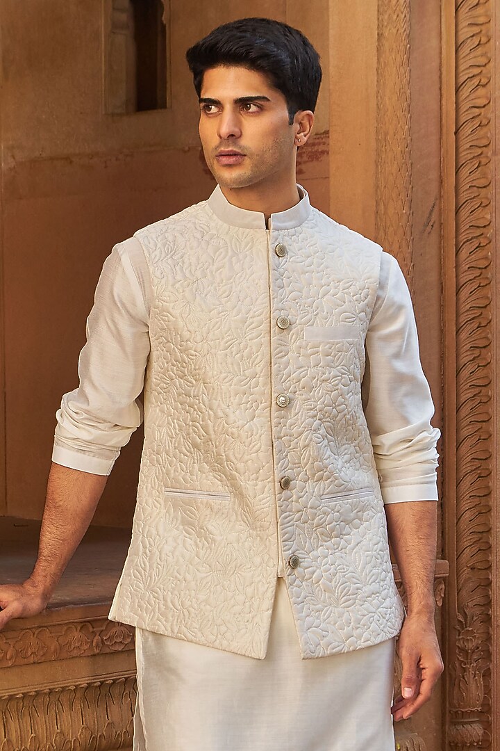 Ivory Cotton Silk & Silk Bundi Jacket Set by Nidhika Shekhar Men at Pernia's Pop Up Shop