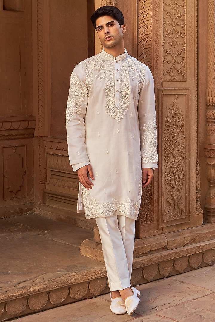 Ivory Organza Resham Embroidered Kurta Set by Nidhika Shekhar Men