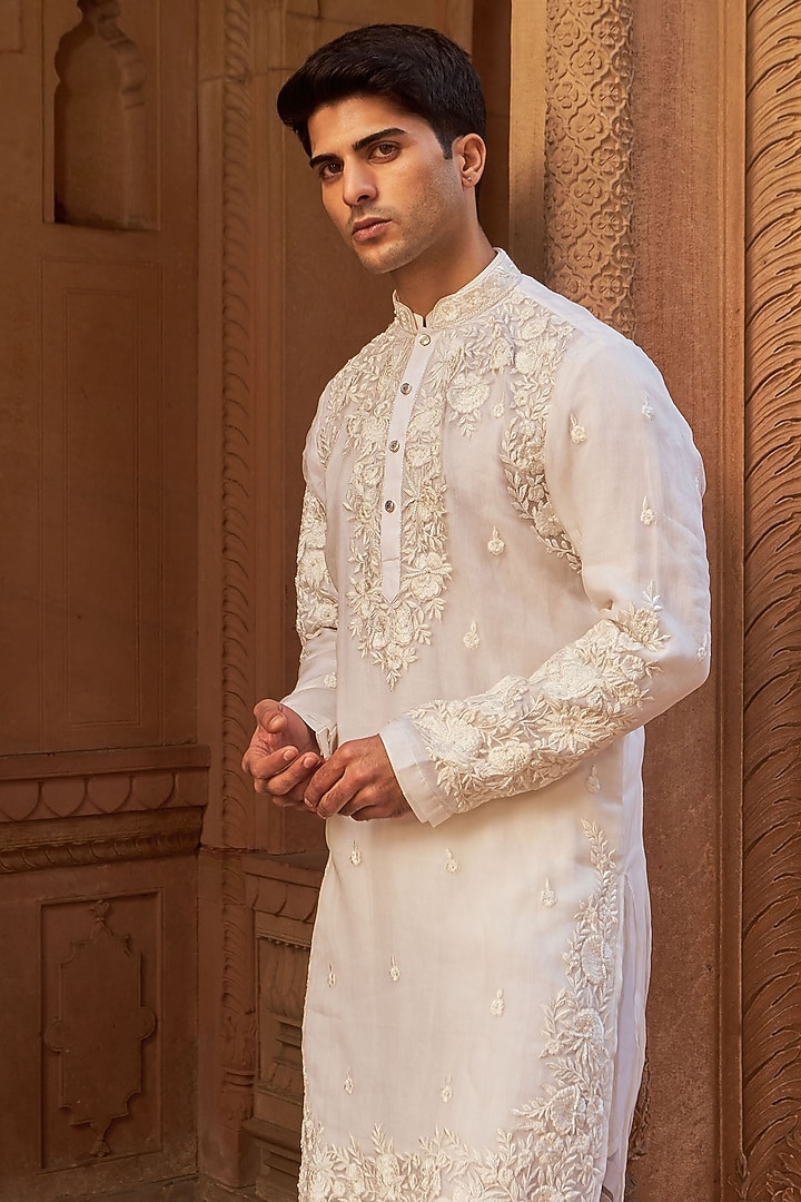 Ivory Organza Resham Embroidered Kurta Set by Nidhika Shekhar Men at Pernia's Pop Up Shop