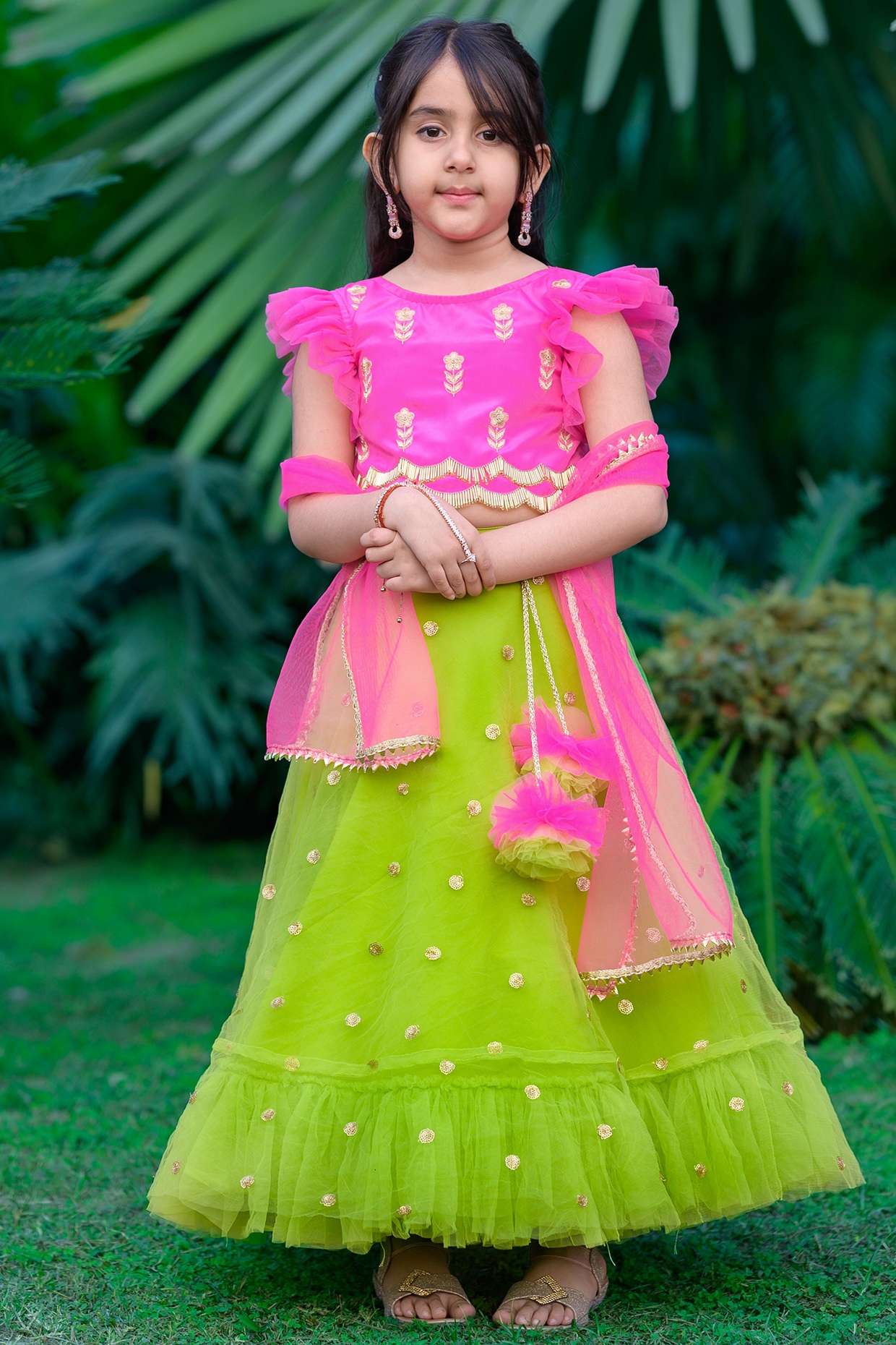 Kids Wear Girl Green & Red Lehenga Choli | Baby Lehenga Dress