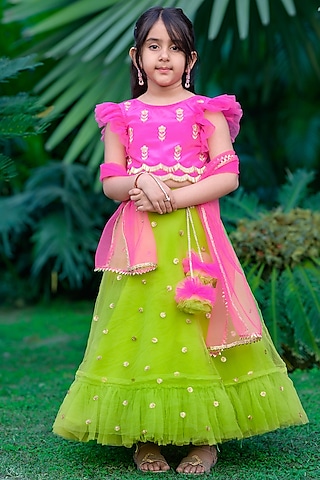 Green Crepe & Net Boota Emroidered Lehenga Set by Nadaan Parindey