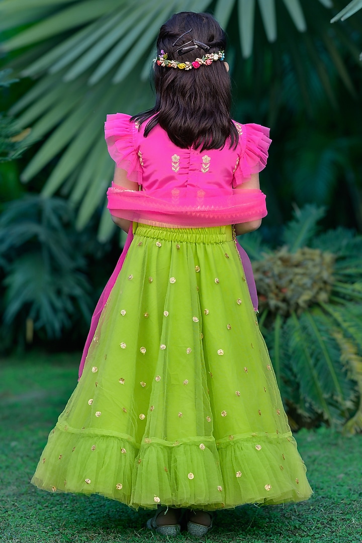 Green Crepe & Net Boota Emroidered Lehenga Set by Nadaan Parindey at Pernia's Pop Up Shop