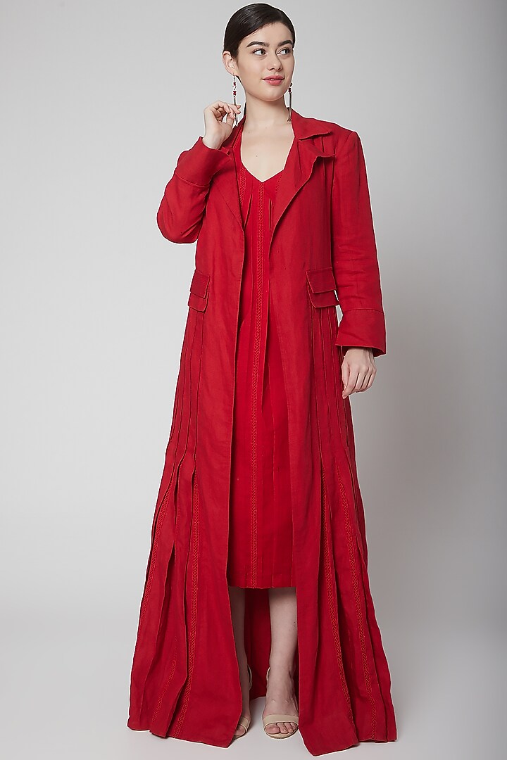 Red Cotton Linen Overcoat by Nidhika Shekhar at Pernia's Pop Up Shop