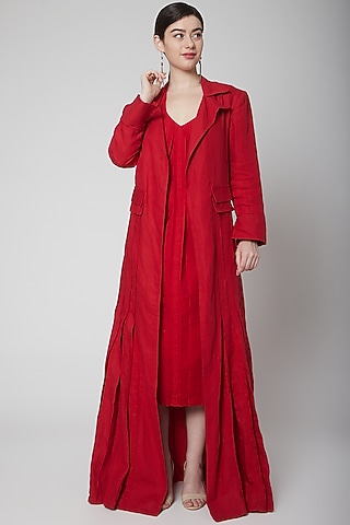 Red Cotton Linen Overcoat by Nidhika Shekhar