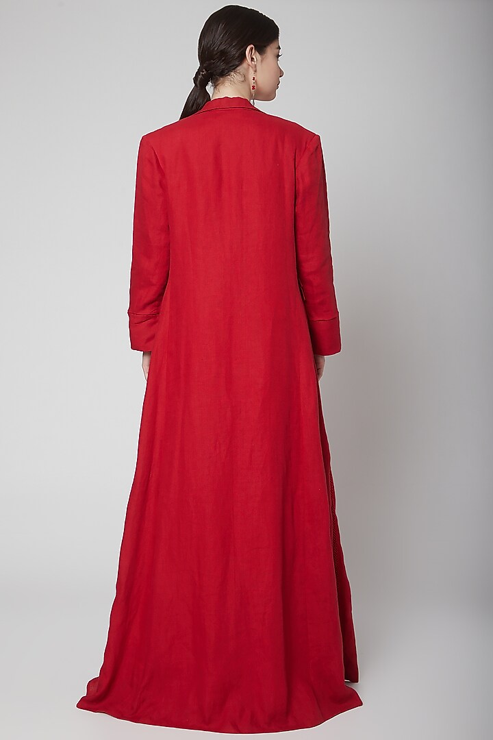 Red Cotton Linen Overcoat by Nidhika Shekhar at Pernia's Pop Up Shop