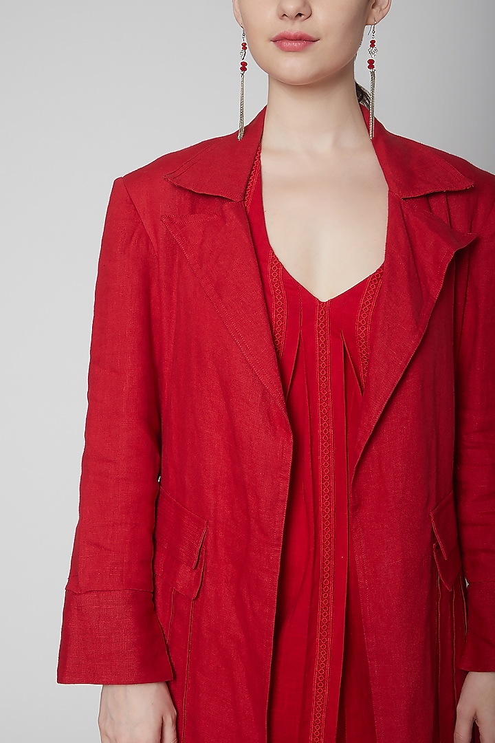 Red Cotton Linen Overcoat by Nidhika Shekhar at Pernia's Pop Up Shop
