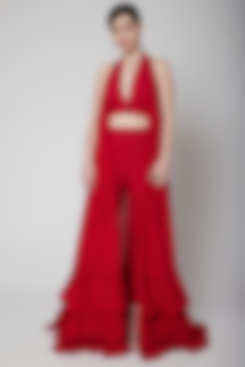 Red Frill Cape & Crop Top With Pants by Nidhika Shekhar at Pernia's Pop Up Shop