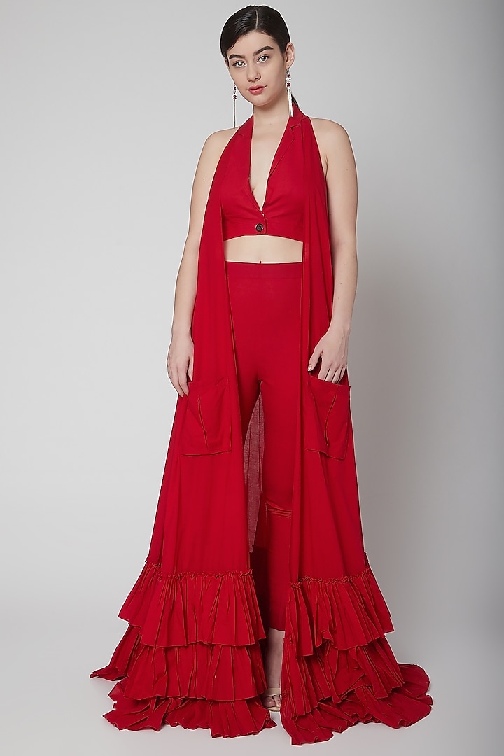 Red Frill Cape & Crop Top With Pants by Nidhika Shekhar