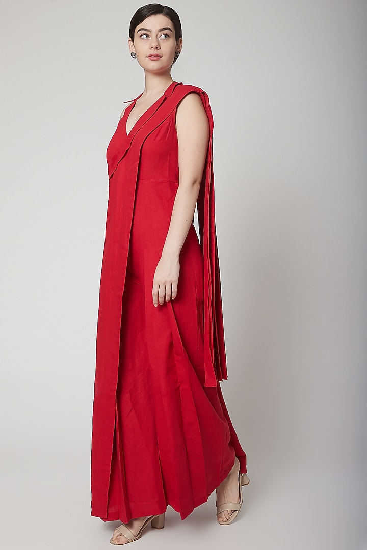 Red Draped Saree Jumpsuit by Nidhika Shekhar at Pernia's Pop Up Shop