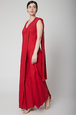 Red Draped Saree Jumpsuit by Nidhika Shekhar