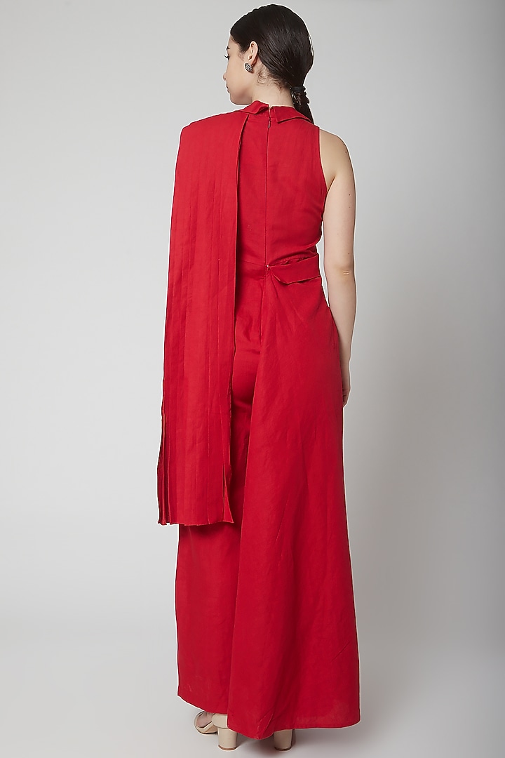 Red Draped Saree Jumpsuit by Nidhika Shekhar at Pernia's Pop Up Shop
