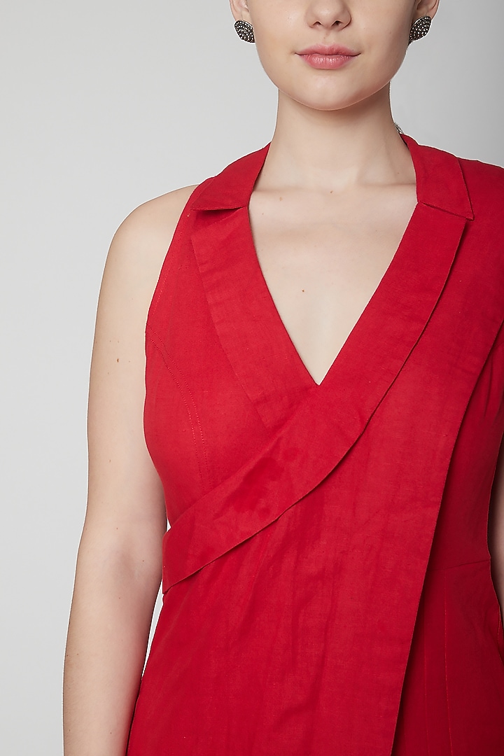 Red Draped Saree Jumpsuit by Nidhika Shekhar at Pernia's Pop Up Shop