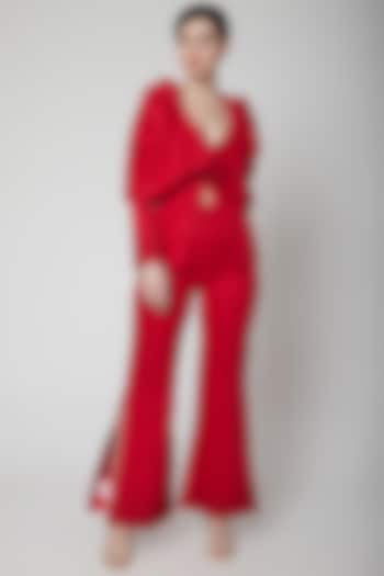 Red Draped Blazer Set by Nidhika Shekhar at Pernia's Pop Up Shop
