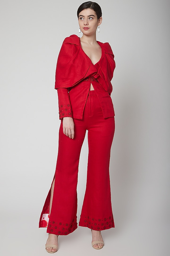 Red Draped Blazer Set by Nidhika Shekhar at Pernia's Pop Up Shop