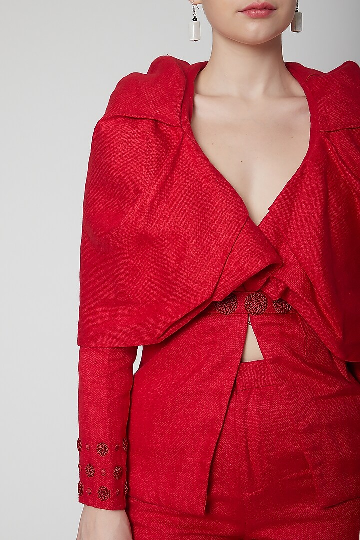 Red Draped Blazer Set by Nidhika Shekhar at Pernia's Pop Up Shop