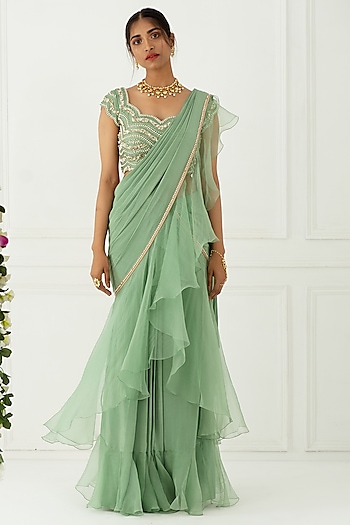 Olive Green Ruffled Draped Wedding Saree Set by Nidhika Shekhar at Pernia's Pop Up Shop