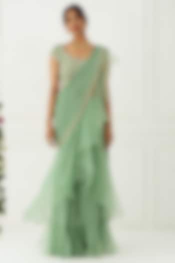 Olive Green Ruffled Draped Saree Set by Nidhika Shekhar