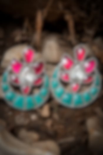 Silver Finish Pink & Turquoise Kundan Stud Earrings In Sterling Silver by Neeta Boochra Jewellery at Pernia's Pop Up Shop