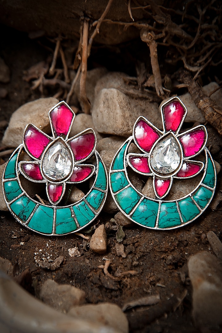 Silver Finish Pink & Turquoise Kundan Stud Earrings In Sterling Silver by Neeta Boochra Jewellery at Pernia's Pop Up Shop