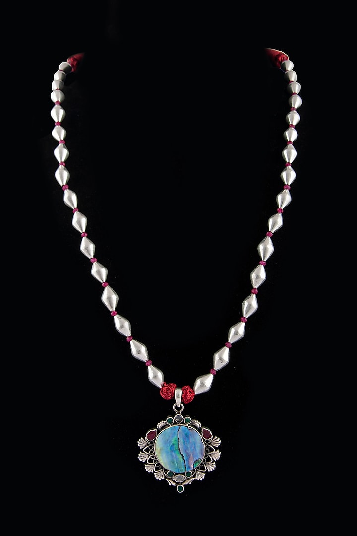 Silver Finish Ruby & Mother Of Pearl Necklace In Sterling Silver by Neeta Boochra Jewellery at Pernia's Pop Up Shop