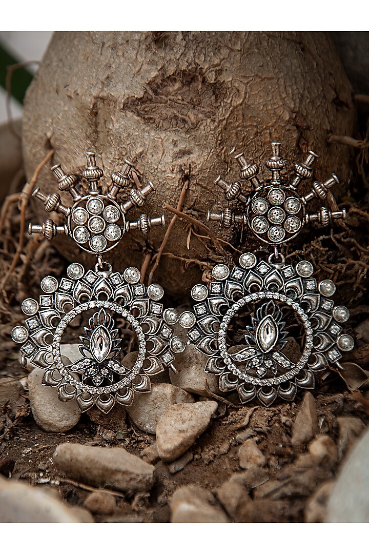 Silver Finish Kundan Polki Dangler Earrings In Sterling Silver by Neeta Boochra Jewellery at Pernia's Pop Up Shop